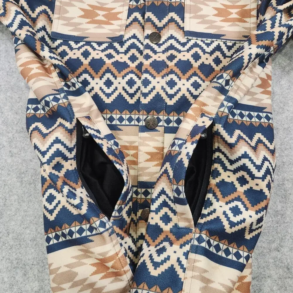 Saga Outerwear Jacket Mens Medium Aztec‎ Print Hooded Snowboard Ski Tan Navy